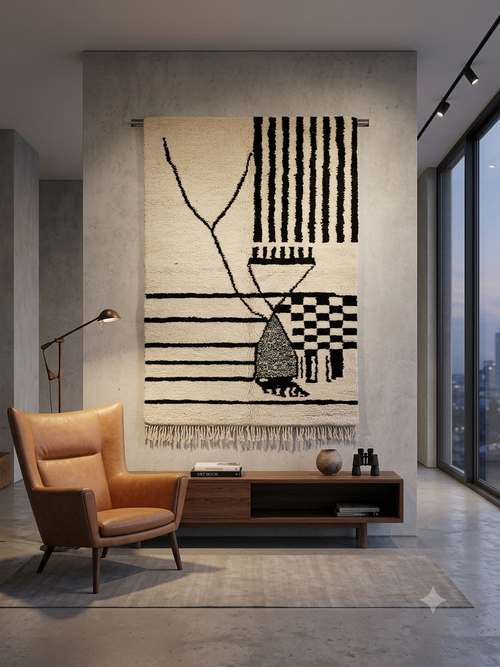 Authentic Beni Ourain Rug - Abstract Minimalist Moroccan Wool Carpet
