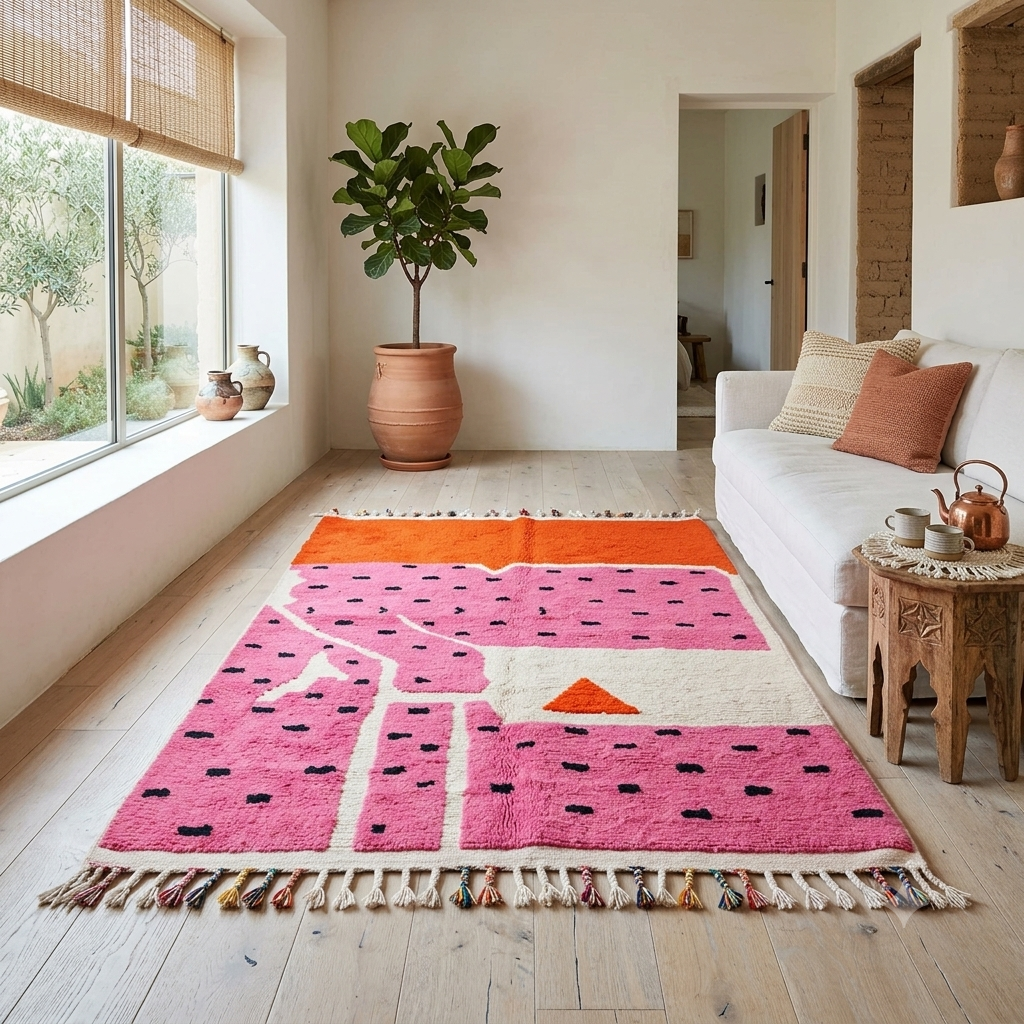 Abstract Pink & Orange Handwoven Moroccan Rug – 1.5m x 2.5m